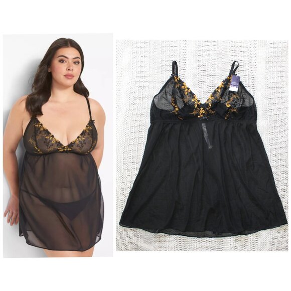Cacique Other - NWT Cacique Embroidered Black & Gold Babydoll 22/24Two Pieces Sheer Sexy Straps